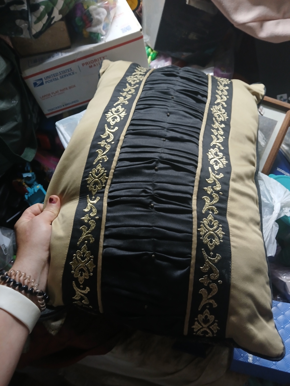 Reba Bolero boudoir throw pillow Black pleated center Gold Ornate Border